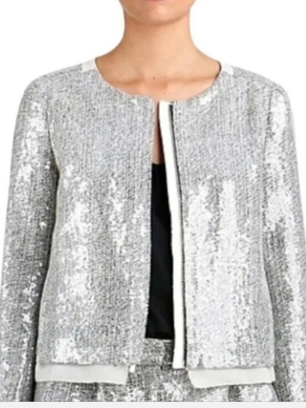 Diane Von Furstenburg TAMALI Silver Sequin Open Front Silk Jacket Women's LARGE